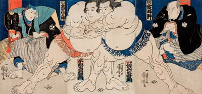 The Sumo Wrestlers Shiranui Dakuemon and Tsurugizan Taniemon with Referee by Utagawa Kuniyoshi